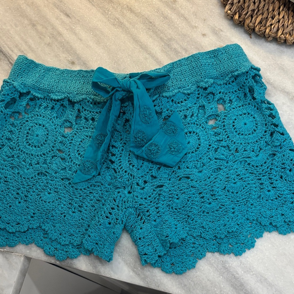 Letarte Teal Crochet High-Waist Shorts